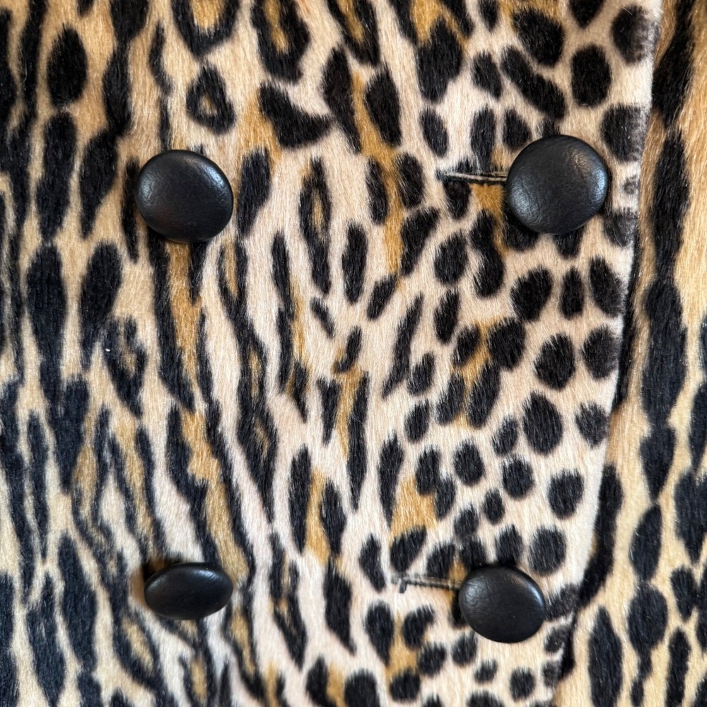 Vintage Safari Sportowne Leopard Faux‎ Fur Coat Double Breasted Animal Print L - Picture 15 of 16